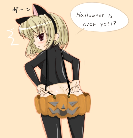 houjou satoko, higurashi no naku koro ni, 00s, 1girl, ^^^, animal ears, blonde hair, cat ears, english text, engrish text, female focus, halloween, jack-o'-lantern, pantyhose, pumpkin, pumpkin-shaped pants, ranguage, red eyes, short hair, solo