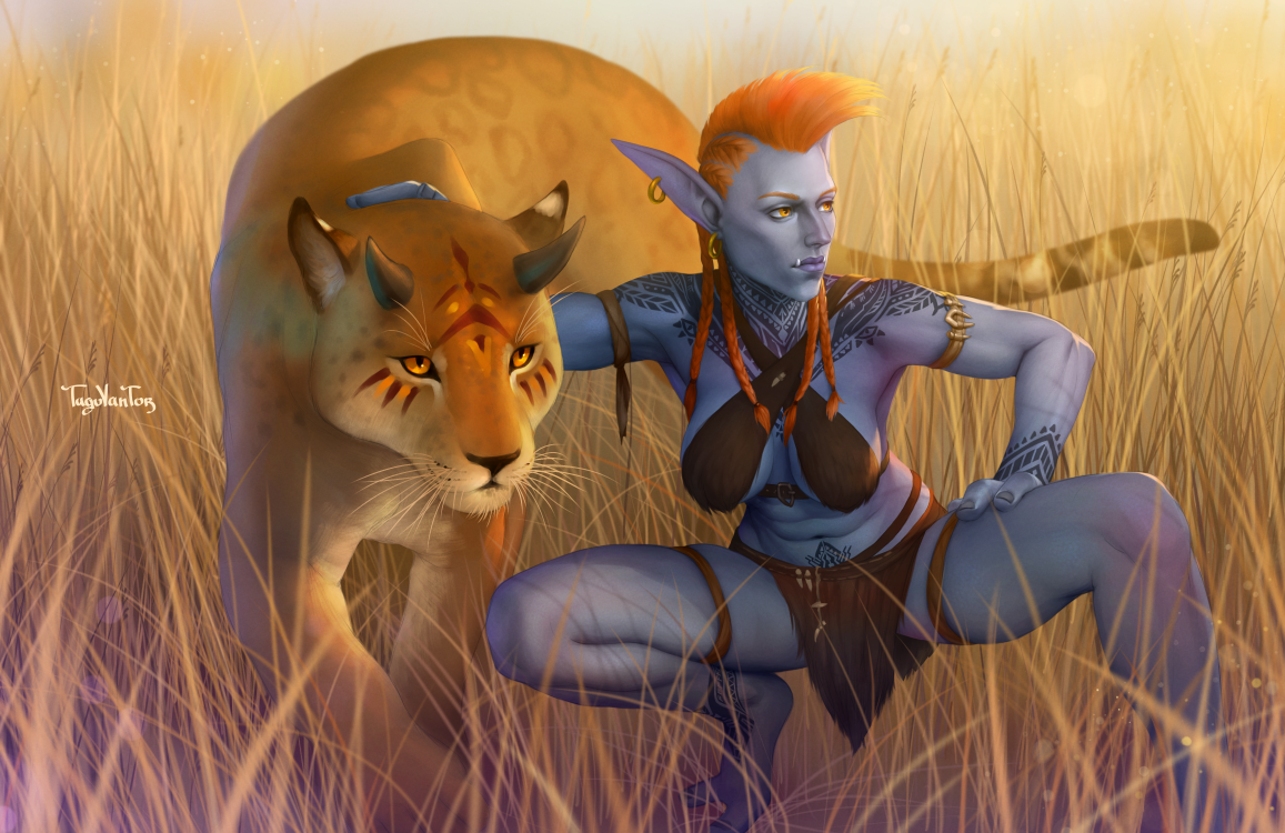 tagovantor, troll (warcraft), warcraft, world of warcraft, 1girl, animal, artist name, bare shoulders, blue lips, braid, breasts, colored skin, earrings, grey skin, horns, jewelry, loincloth, long hair, medium breasts, multiple braids, navel, orange hair, pointy ears, squatting, tusks, wheat