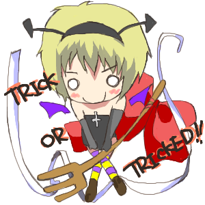 houjou satoko, higurashi no naku koro ni, lowres, 00s, 1girl, blonde hair, bow, chibi, dress, female focus, gloves, halloween, pitchfork, short hair, socks, solo, thighhighs, trick or treat, wings