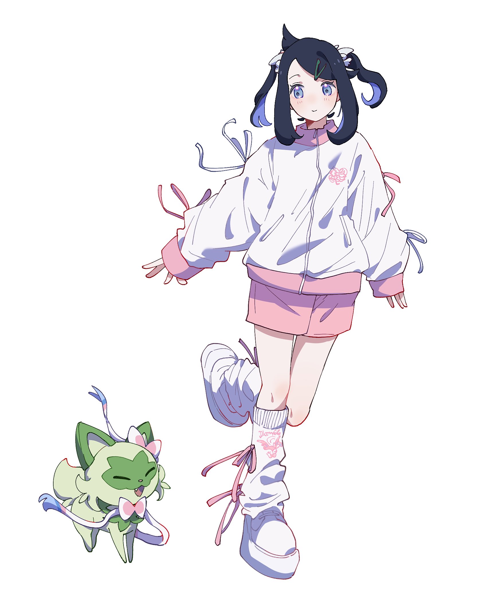seiun (hoshigumo 72), liko (pokemon), sprigatito, sylveon, nintendo, pokemon, pokemon (anime), pokemon horizons, highres, 1girl, black hair, blue eyes, blue hair, cat, closed eyes, closed mouth, cosplay, cowlick, eyelashes, fangs, gen 6 pokemon, hair ornament, hairclip, jacket, multicolored hair, open mouth, pokemon (creature), shirt, shorts, simple background, smile, sylveon (cosplay), tail, tongue, twintails, white background
