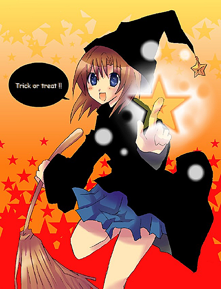 ryuuguu rena, higurashi no naku koro ni, 00s, 1girl, :d, blue eyes, broom, brown hair, female focus, halloween, hat, open mouth, school uniform, serafuku, short hair, smile, solo, star (symbol), trick or treat, witch, witch hat, wizard hat