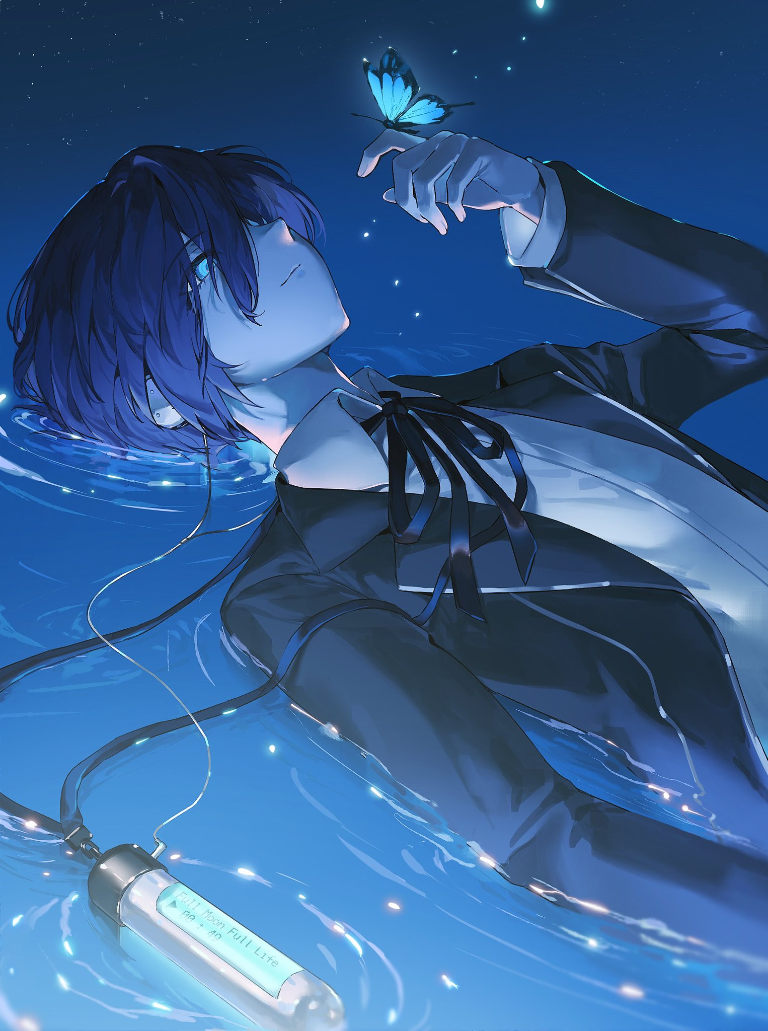 hatena art, yuuki makoto (persona 3), persona, persona 3, persona 3 reload, commentary, highres, symbol-only commentary, 1boy, arm at side, black jacket, black ribbon, blue butterfly, blue eyes, blue hair, blue theme, bug, butterfly, butterfly on hand, closed mouth, digital media player, digital walkman, earphones, english text, gekkoukan high school uniform, hair between eyes, hand up, insect, jacket, light particles, long sleeves, looking at animal, lying, male focus, on back, on water, open clothes, open jacket, ribbon, ripples, school uniform, shirt, short hair, smile, solo, song name, upper body, walkman nw-s203f, water, white shirt
