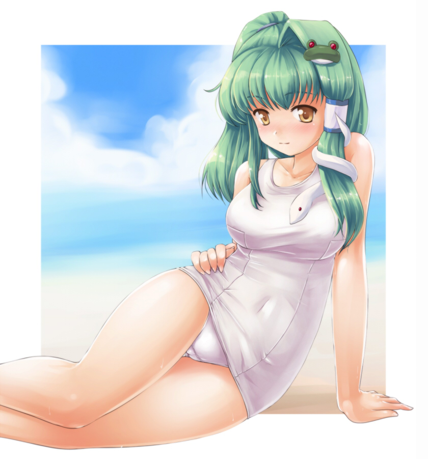 tdk, kochiya sanae, touhou, 1girl, alternate hairstyle, arm support, beach, blush, cloud, covered navel, day, female focus, green hair, hand on own hip, long hair, one-piece swimsuit, outdoors, school swimsuit, single hair intake, sky, snake, solo, swimsuit, white one-piece swimsuit, white school swimsuit, yellow eyes