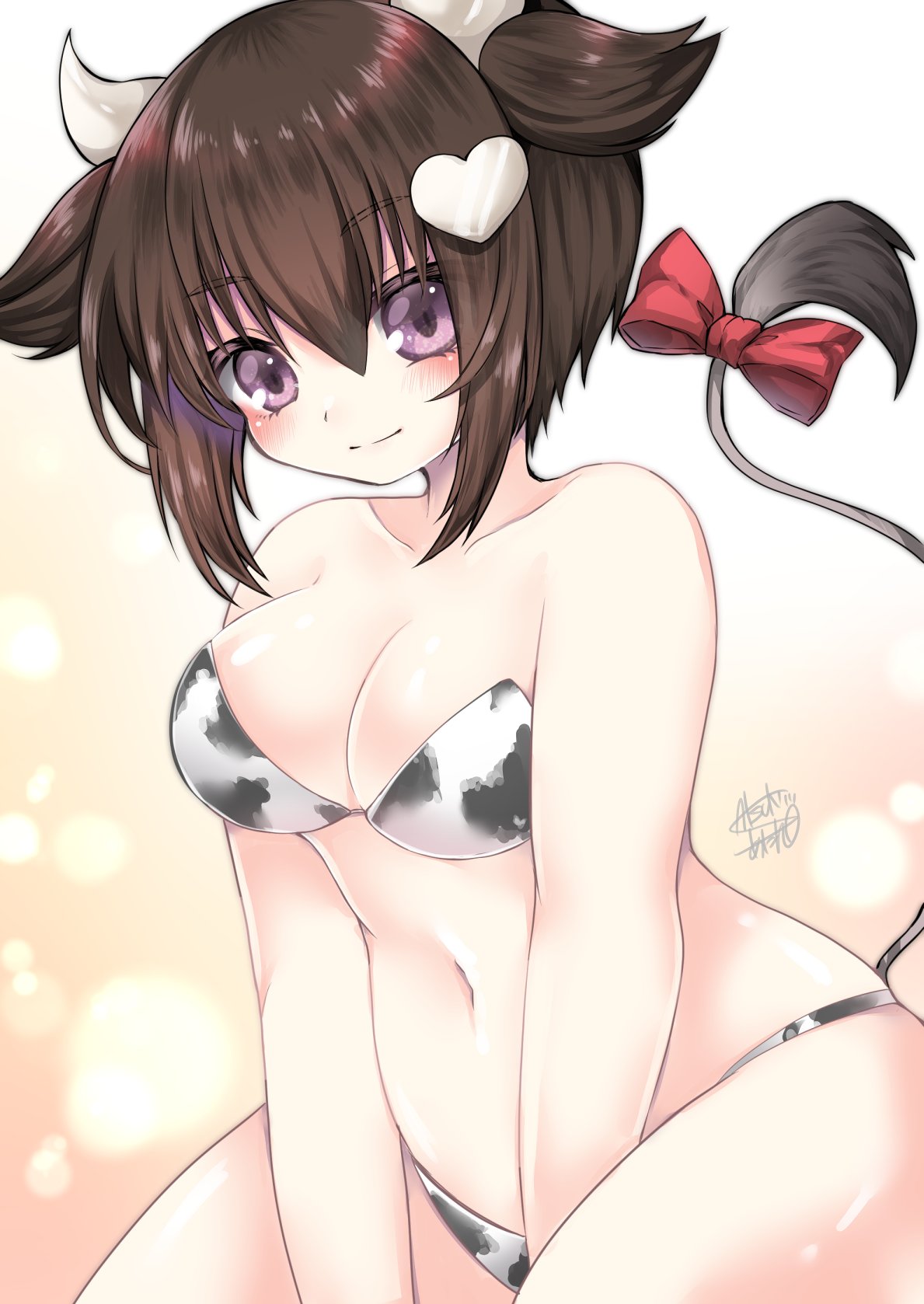 satsuki atan, momo alma, emil chronicle online, highres, 1girl, animal print, artist name, bikini, breasts, brown hair, cow girl, cow horns, cow print, cow print bikini, cow tail, hair ornament, heart, heart hair ornament, horns, large breasts, looking at viewer, navel, print bikini, purple eyes, signature, sitting, solo, swimsuit, tail, two side up, wariza