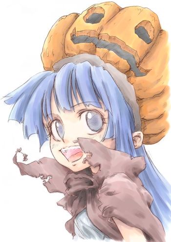 furude rika, higurashi no naku koro ni, lowres, 00s, 1girl, blue eyes, blue hair, coat, female focus, halloween, jack-o'-lantern, long hair, matching hair/eyes, pumpkin, pumpkin hat, solo