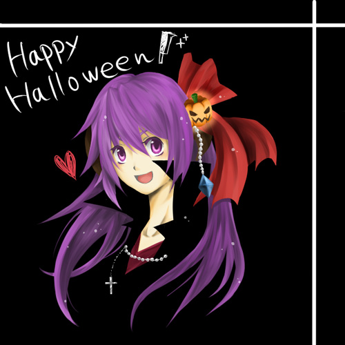hanyuu, higurashi no naku koro ni, lowres, 00s, 1girl, black background, dagger, female focus, food-themed hair ornament, hair ornament, halloween, happy halloween, horns, jack-o'-lantern, knife, pumpkin, pumpkin hair ornament, purple eyes, purple hair, ribbon, solo, weapon