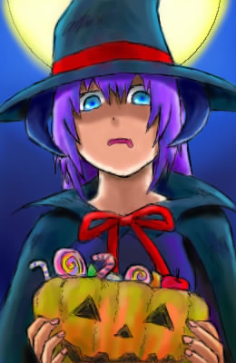 hanyuu, higurashi no naku koro ni, lowres, 00s, blue eyes, candy, coat, food, hat, horns, jack-o'-lantern, long hair, moon, pumpkin, purple hair, solo, sweets, witch, witch hat