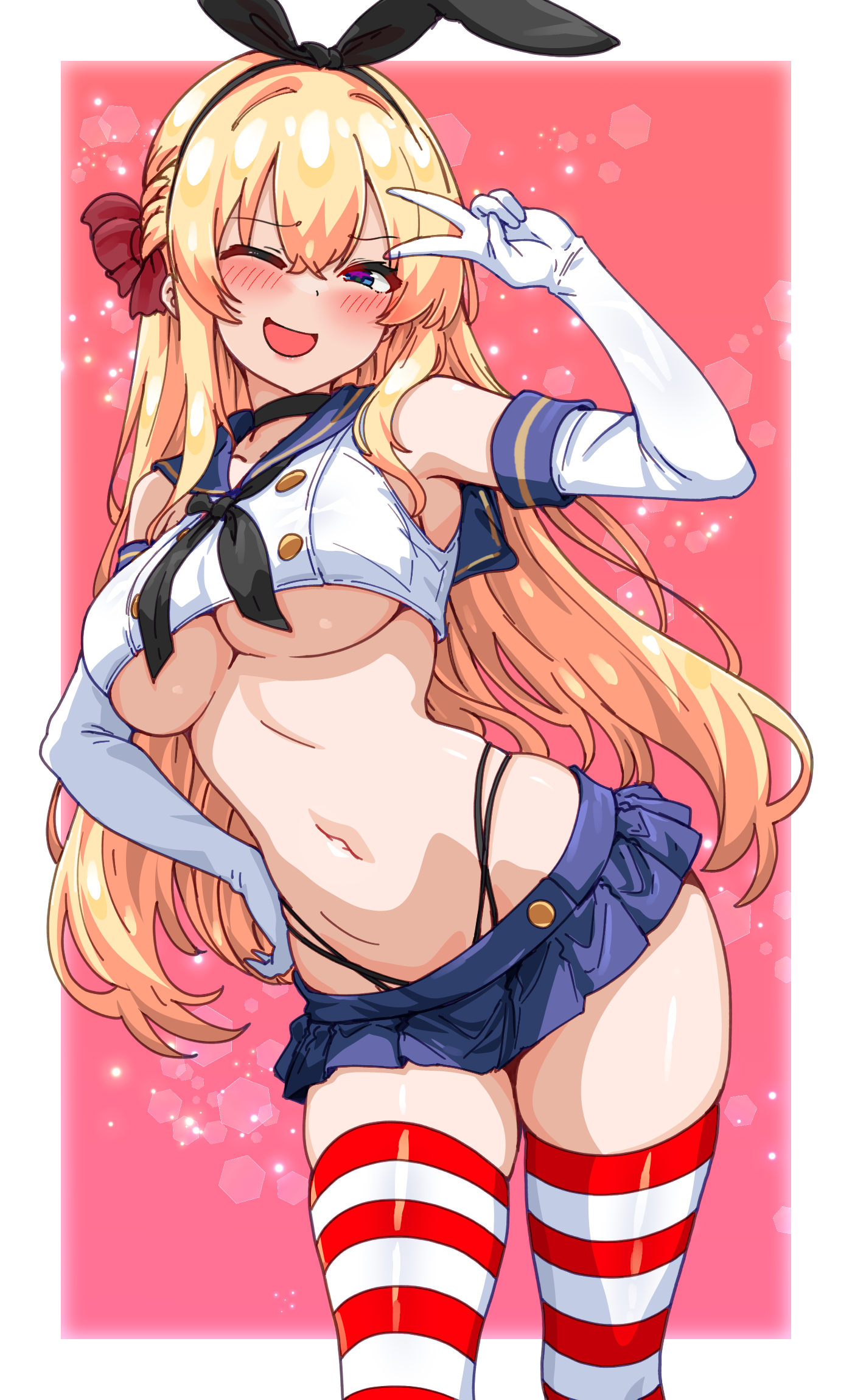 bakasp-lilzy, shimakaze (kancolle), kantai collection, original, commentary, commission, english commentary, highres, 1girl, arm up, armpits, bare shoulders, black choker, black neckerchief, blonde hair, blue eyes, blue sailor collar, blue skirt, breasts, choker, cosplay, crop top, crop top overhang, elbow gloves, gloves, hair ribbon, half updo, hand on own hip, highleg, large breasts, microskirt, midriff, navel, neckerchief, one eye closed, open mouth, panty straps, pleated skirt, ribbon, sailor collar, school uniform, serafuku, shimakaze (kancolle) (cosplay), shirt, skindentation, skirt, sleeveless, sleeveless shirt, smile, solo, spaghetti strap, stomach, striped clothes, striped thighhighs, thighhighs, thighs, underboob, v, white gloves, white shirt, zettai ryouiki