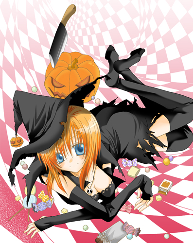 hibiki mio, ryuuguu rena, higurashi no naku koro ni, lowres, 00s, 1girl, arm warmers, billhook, black thighhighs, blue eyes, blush, breasts, candy, chocolate, cleavage, dress, female focus, food, gloves, halloween, hashitsuki nata, hat, hatchet, jack-o'-lantern, large breasts, lollipop, lying, nata (tool), no shoes, on side, orange hair, pumpkin, short hair, skull, smile, socks, solo, sweets, swirl lollipop, thighhighs, witch, witch hat