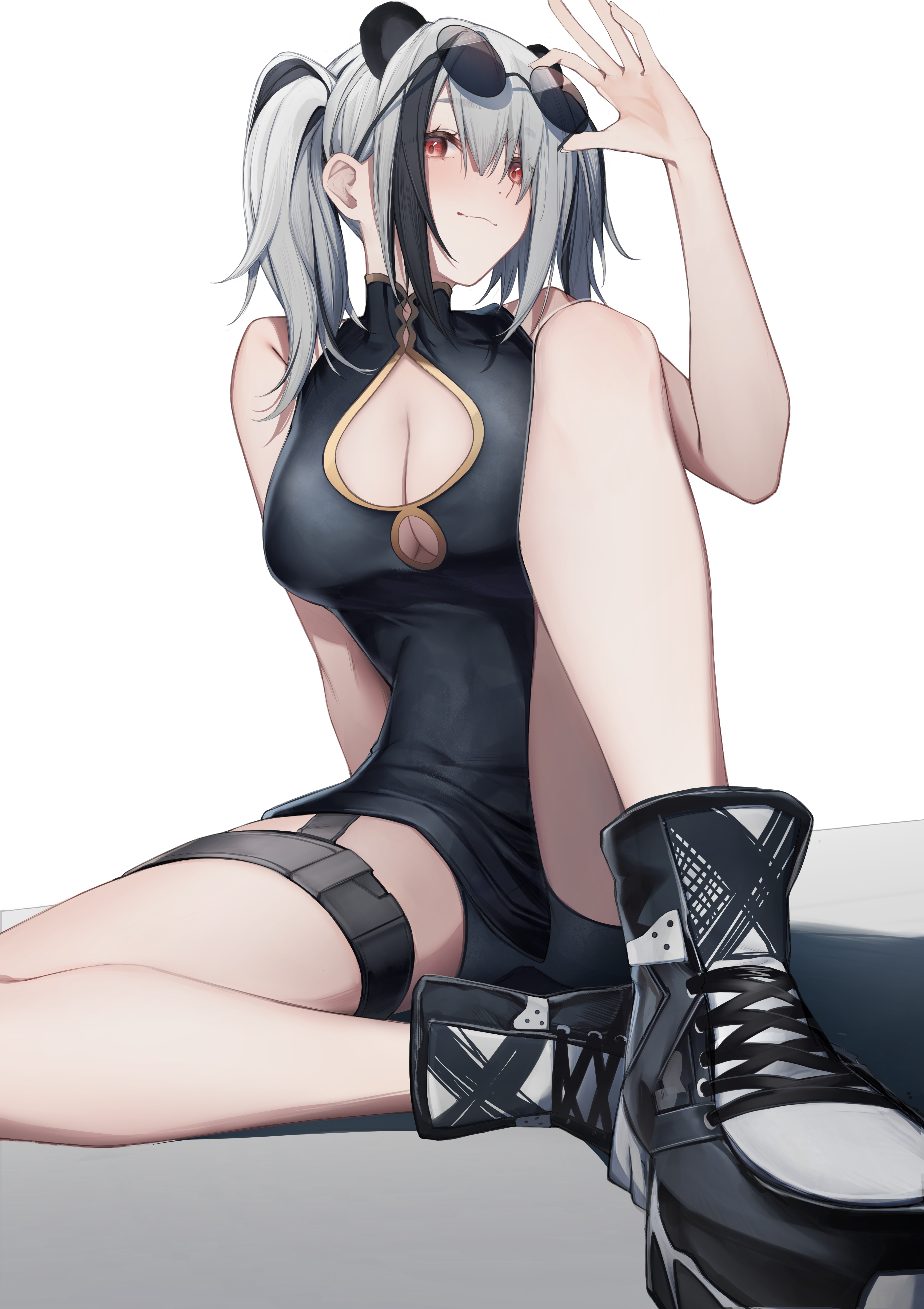 r oot, feater (arknights), arknights, absurdres, commentary request, highres, 1girl, adjusting eyewear, animal ears, black dress, black shoes, breasts, china dress, chinese clothes, cleavage, cleavage cutout, clothing cutout, dress, eyewear on head, grey hair, large breasts, looking at viewer, multicolored hair, red eyes, round eyewear, shoes, simple background, sitting, solo, streaked hair, sunglasses, thigh strap, twintails, white background