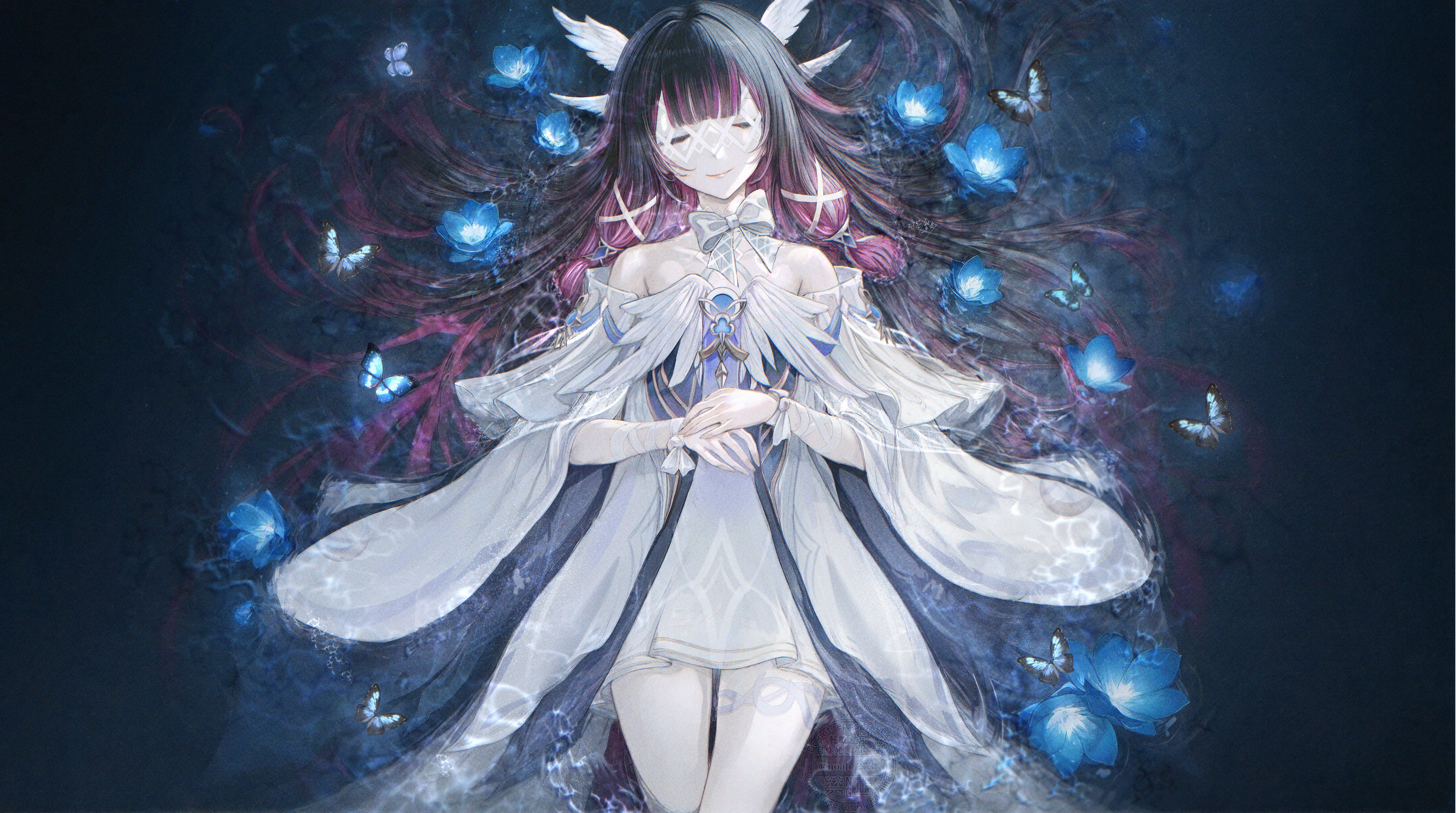 renoahh, columbina (genshin impact), genshin impact, absurdres, commentary, english commentary, highres, 1girl, bare shoulders, black butterfly, black hair, blue flower, bow, breasts, bug, butterfly, closed eyes, closed mouth, dress, eye mask, facing viewer, feet out of frame, flower, from above, gradient hair, hair ornament, hair spread out, hands on own stomach, insect, long hair, lying, multicolored hair, off-shoulder dress, off shoulder, on back, pantyhose, purple hair, small breasts, smile, solo, very long hair, white bow, white dress, white pantyhose, wing hair ornament