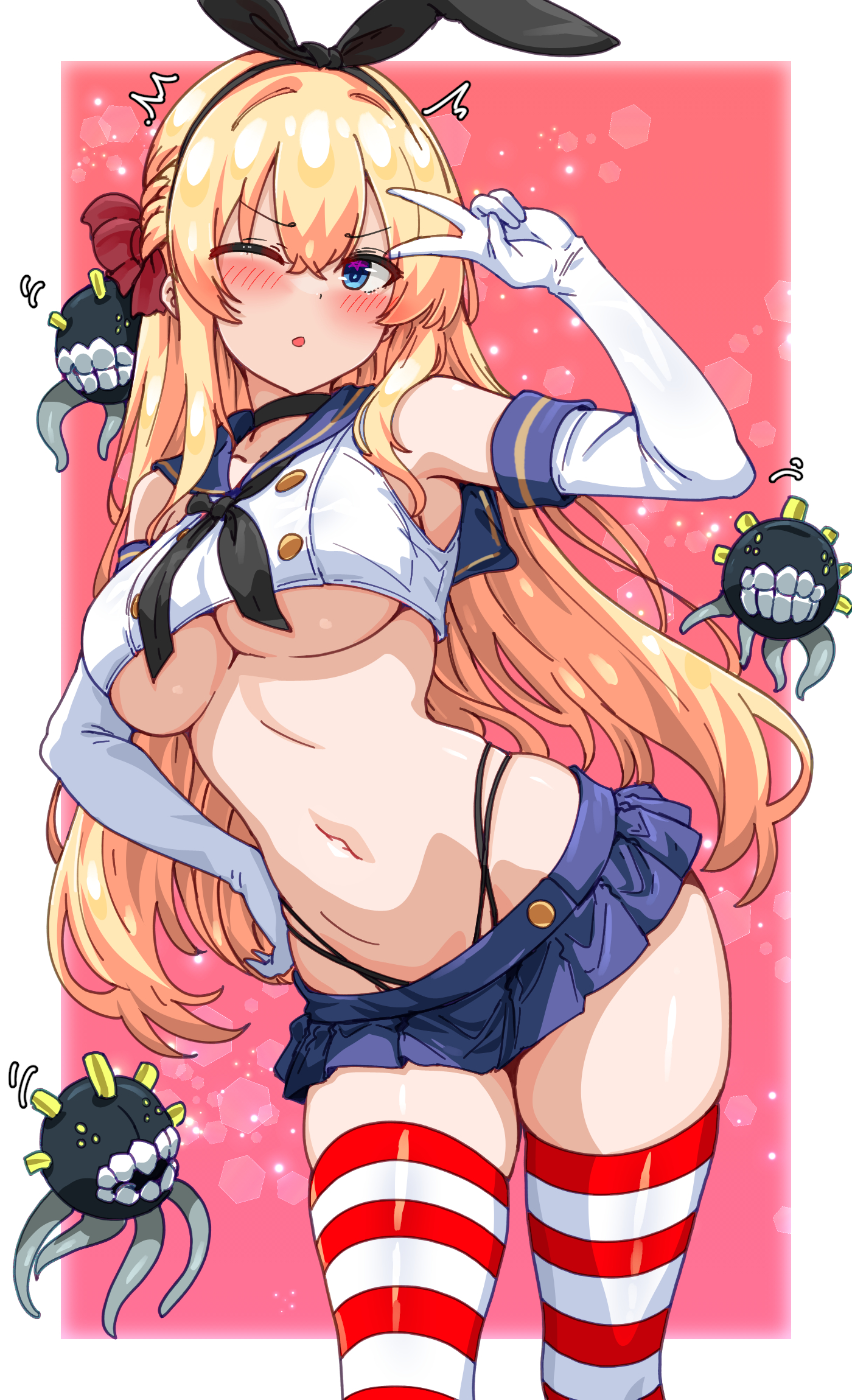 bakasp-lilzy, enemy naval mine (kancolle), shimakaze (kancolle), kantai collection, original, commentary, commission, english commentary, highres, 1girl, ;o, arm up, armpits, bare shoulders, black choker, black neckerchief, blonde hair, blue eyes, blue sailor collar, blue skirt, breasts, choker, cosplay, crop top, crop top overhang, elbow gloves, gloves, hair ribbon, half updo, hand on own hip, highleg, large breasts, microskirt, midriff, navel, neckerchief, one eye closed, panty straps, parted lips, pleated skirt, ribbon, sailor collar, school uniform, serafuku, shimakaze (kancolle) (cosplay), shirt, skindentation, skirt, sleeveless, sleeveless shirt, solo, spaghetti strap, stomach, striped clothes, striped thighhighs, thighhighs, thighs, underboob, v, v-shaped eyebrows, white gloves, white shirt, zettai ryouiki