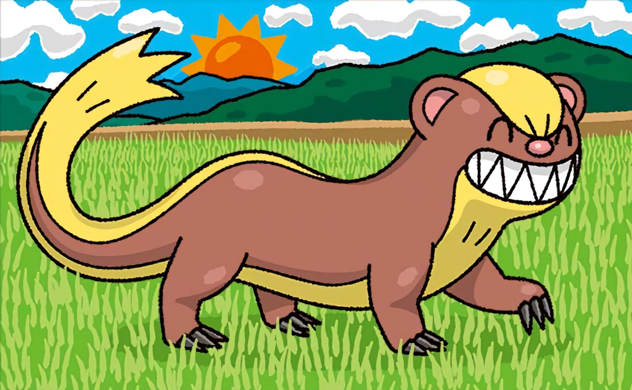 negishi shigenori, yungoos, nintendo, pokemon, pokemon tcg, commentary, official art, third-party source, animal focus, blue sky, claws, closed eyes, cloud, day, full body, gen 7 pokemon, grass, no humans, outdoors, pokemon (creature), pokemon focus, sharp teeth, sky, smile, solo, sun, teeth
