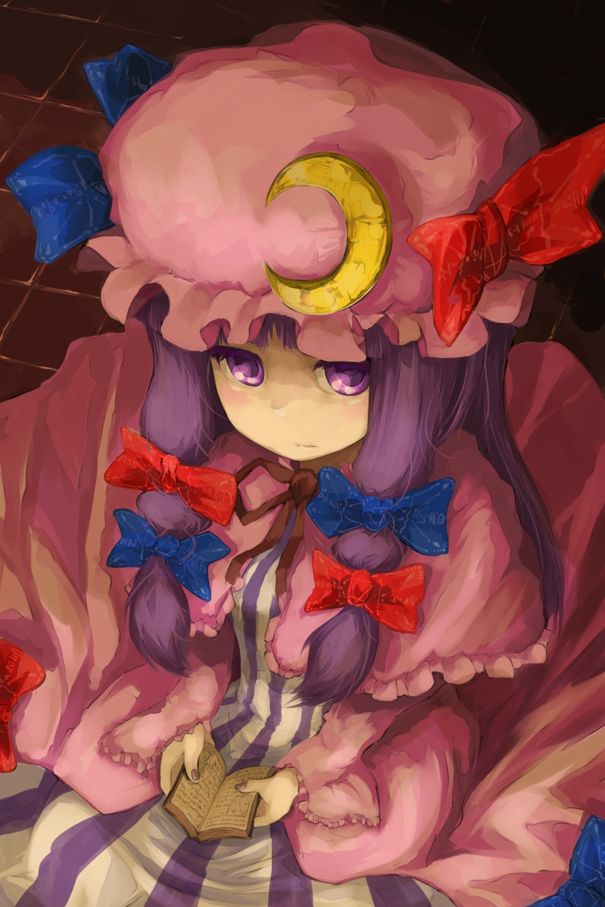oso (toolate), patchouli knowledge, touhou, highres, 1girl, book, crescent, crescent hat ornament, female focus, hat, hat ornament, long hair, nail polish, purple hair, purple nails, ribbon, solo