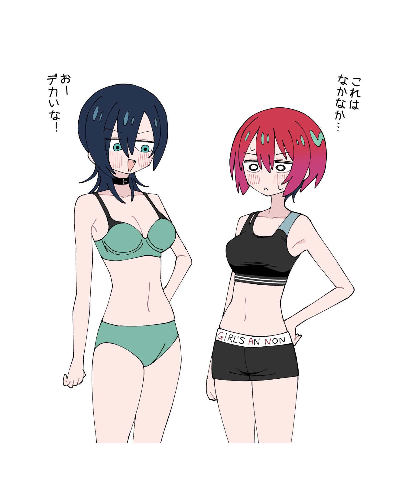 sabi1234, amate yuzuriha, tamaki yuzuriha, gundam, gundam gquuuuuux, highres, 2girls, aqua eyes, bike shorts, black sports bra, blush, bra, breasts, midriff, mother and daughter, multiple girls, open mouth, red hair, short hair, smile, sports bra, sweatdrop, underwear, white background