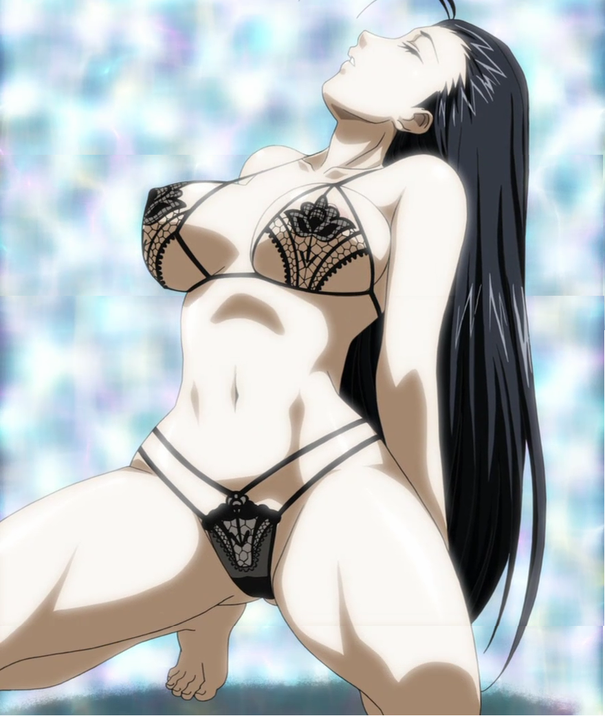 kakouen myousai, ikkitousen, ikkitousen great guardians, anime screenshot, artist request, stitched, third-party edit, 00s, 1girl, antenna hair, areola slip, barefoot, black hair, black panties, bra, breasts, closed eyes, female focus, kneeling, large breasts, lingerie, long hair, nipples, panties, solo, spread legs, squatting, underwear, underwear only