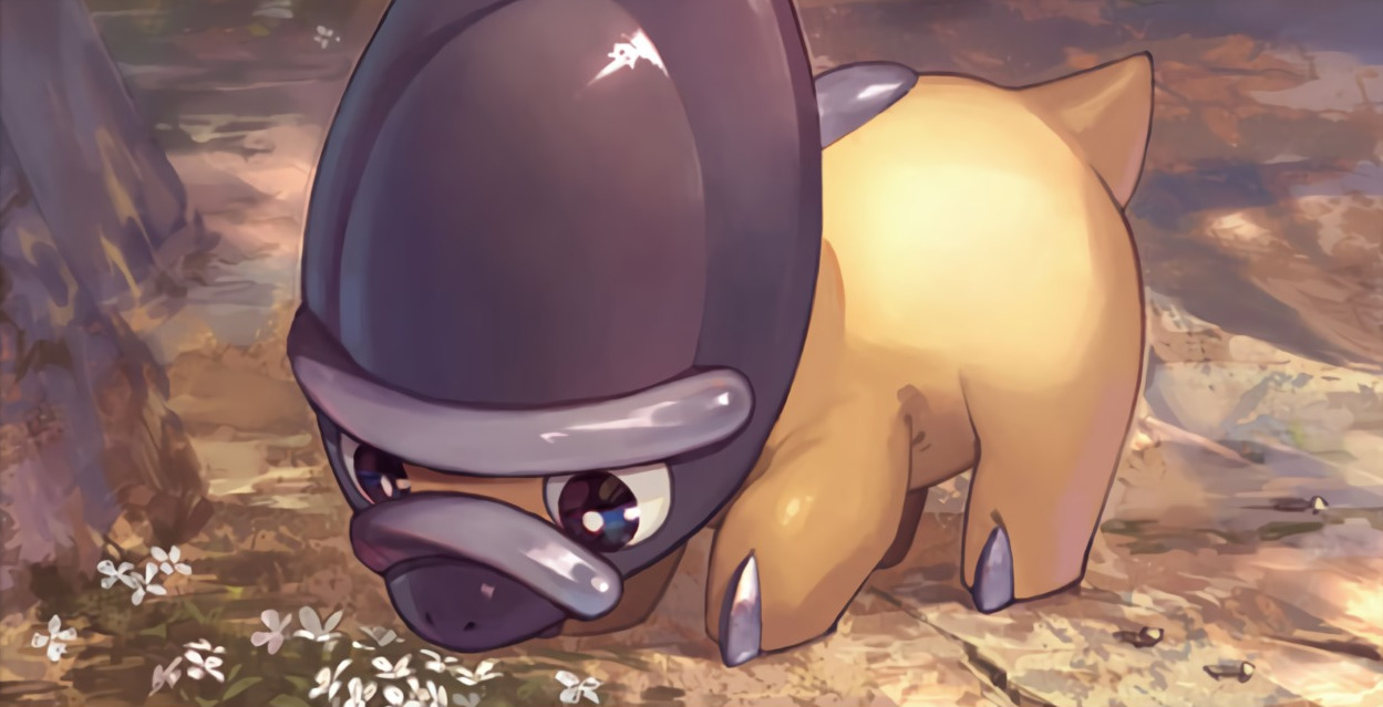 so-taro, shieldon, nintendo, pokemon, pokemon tcg, commentary, official art, third-party source, animal focus, flower, gen 4 pokemon, no humans, nostrils, pokemon (creature), pokemon focus, solo, white flower