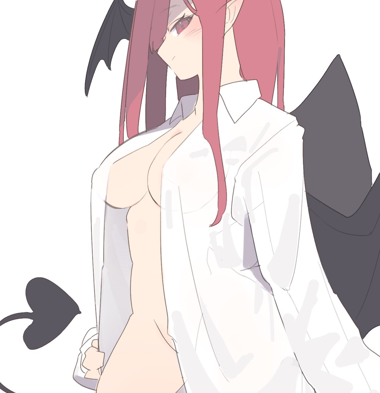 garasuno, koakuma, touhou, commentary request, highres, 1girl, black wings, blush, breasts, cleavage, closed mouth, collared shirt, cowboy shot, demon girl, demon tail, demon wings, groin, head wings, long hair, long sleeves, looking at viewer, medium breasts, naked shirt, open clothes, open shirt, red eyes, red hair, shirt, simple background, smile, solo, tail, white background, white shirt, wings
