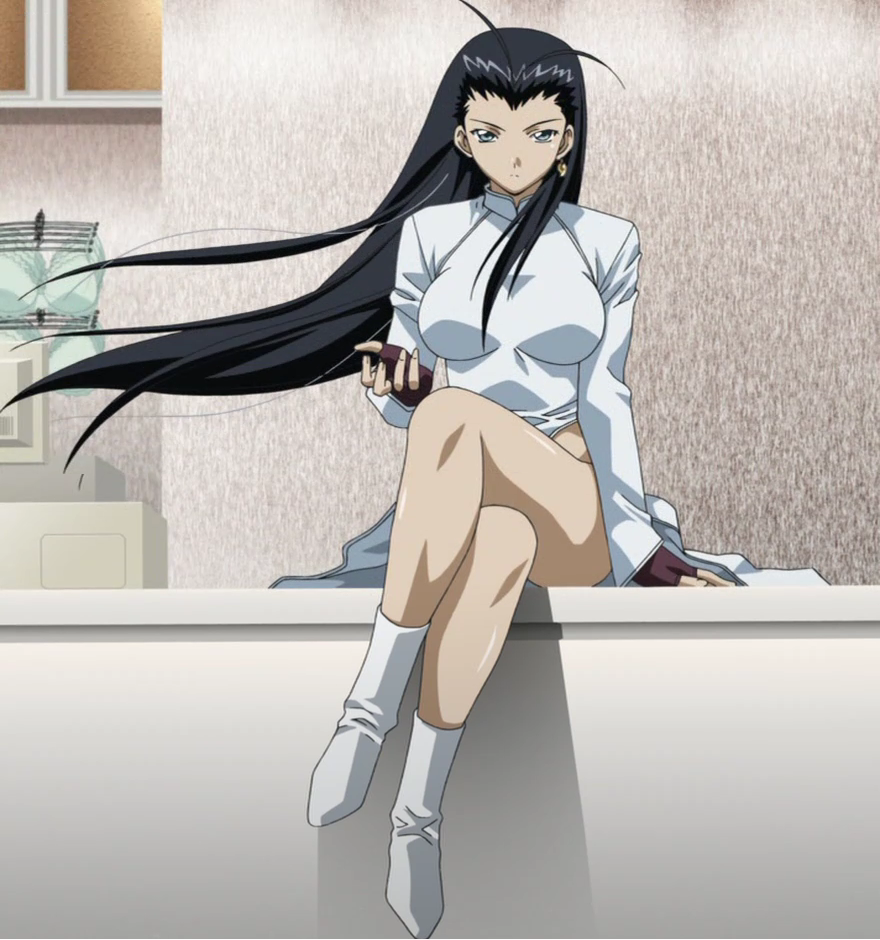 kakouen myousai, ikkitousen, anime screenshot, stitched, third-party edit, 00s, 1girl, antenna hair, black hair, blue eyes, boots, china dress, chinese clothes, crossed legs, dress, earrings, female focus, fingerless gloves, gloves, jewelry, legs, long hair, long legs, magatama, magatama earrings, sitting, solo, wind