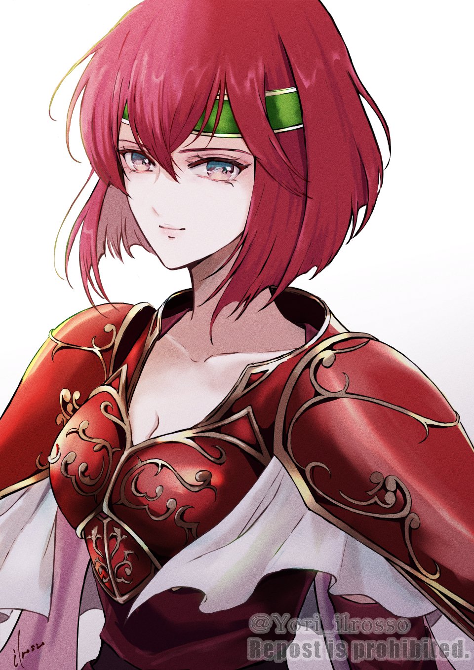 yori ilrosso, minerva (fire emblem), fire emblem, fire emblem: mystery of the emblem, nintendo, highres, 1girl, armor, breastplate, breasts, cleavage, closed mouth, green headband, hair between eyes, headband, looking at viewer, medium breasts, pauldrons, red eyes, red hair, short hair, shoulder armor, signature, smile, solo, twitter username, upper body, white background