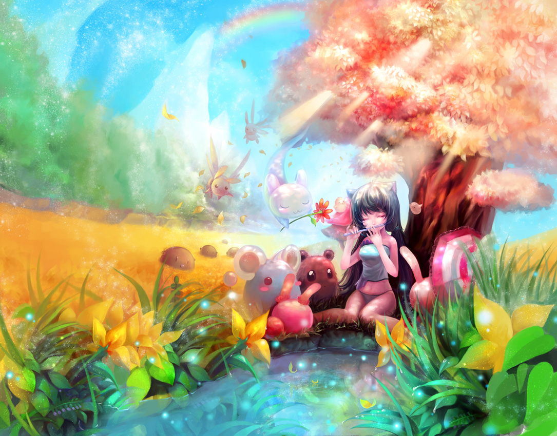 yoru (xueyinye), bad id, bad pixiv id, animal, animal ears, blue hair, cat ears, day, flute, instrument, kneeling, outdoors, panties, pond, rainbow, sitting, underwear