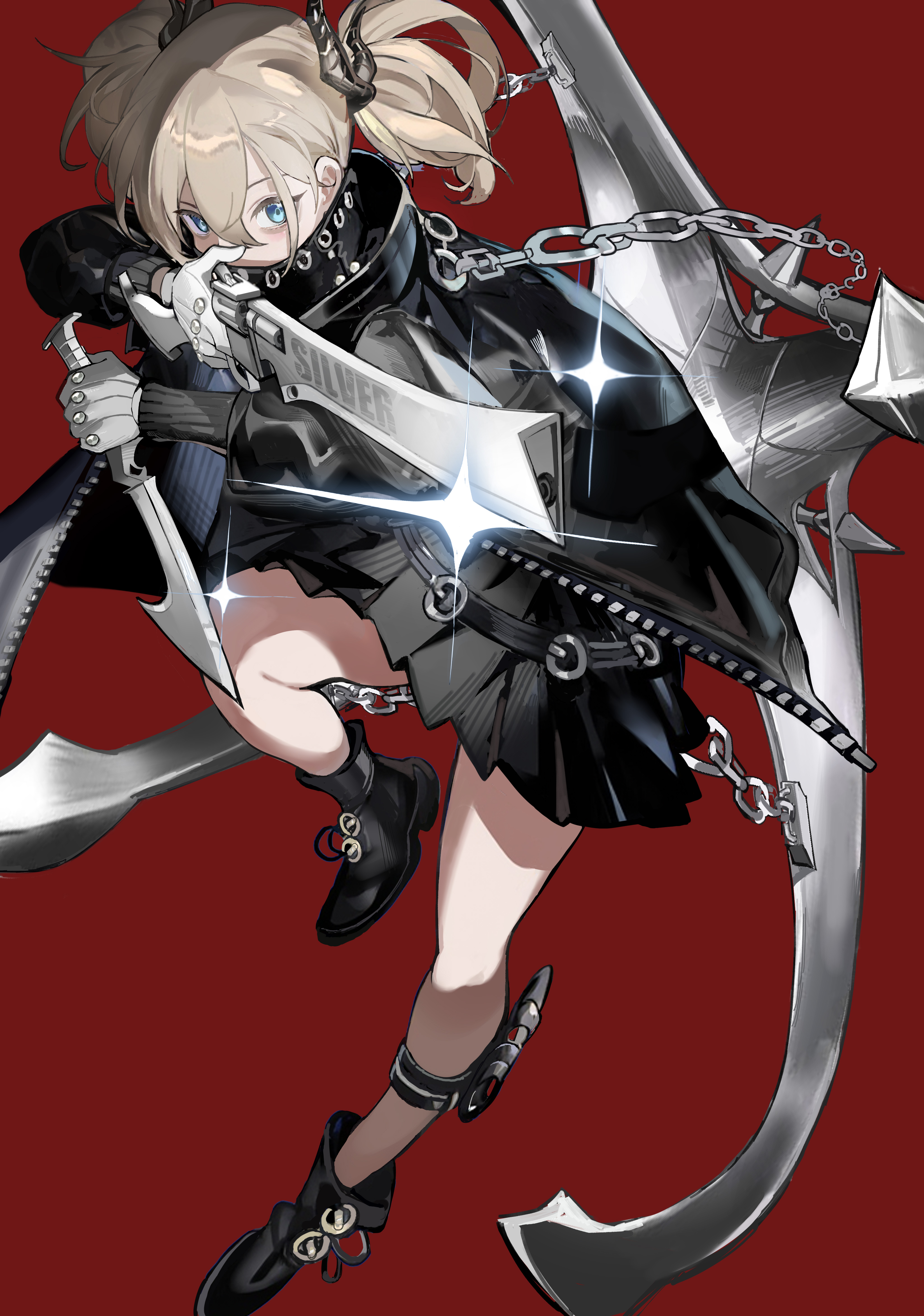 noco (pixiv14976070), original, absurdres, commentary, highres, 1girl, ankle boots, black boots, black jacket, black skirt, blue eyes, boots, brown hair, chain, dagger, full body, glint, gloves, grey gloves, gun, hair between eyes, high collar, holding, holding dagger, holding gun, holding knife, holding weapon, horns, jacket, knee up, knife, long sleeves, multiple horns, red background, short twintails, simple background, skirt, solo, twintails, weapon