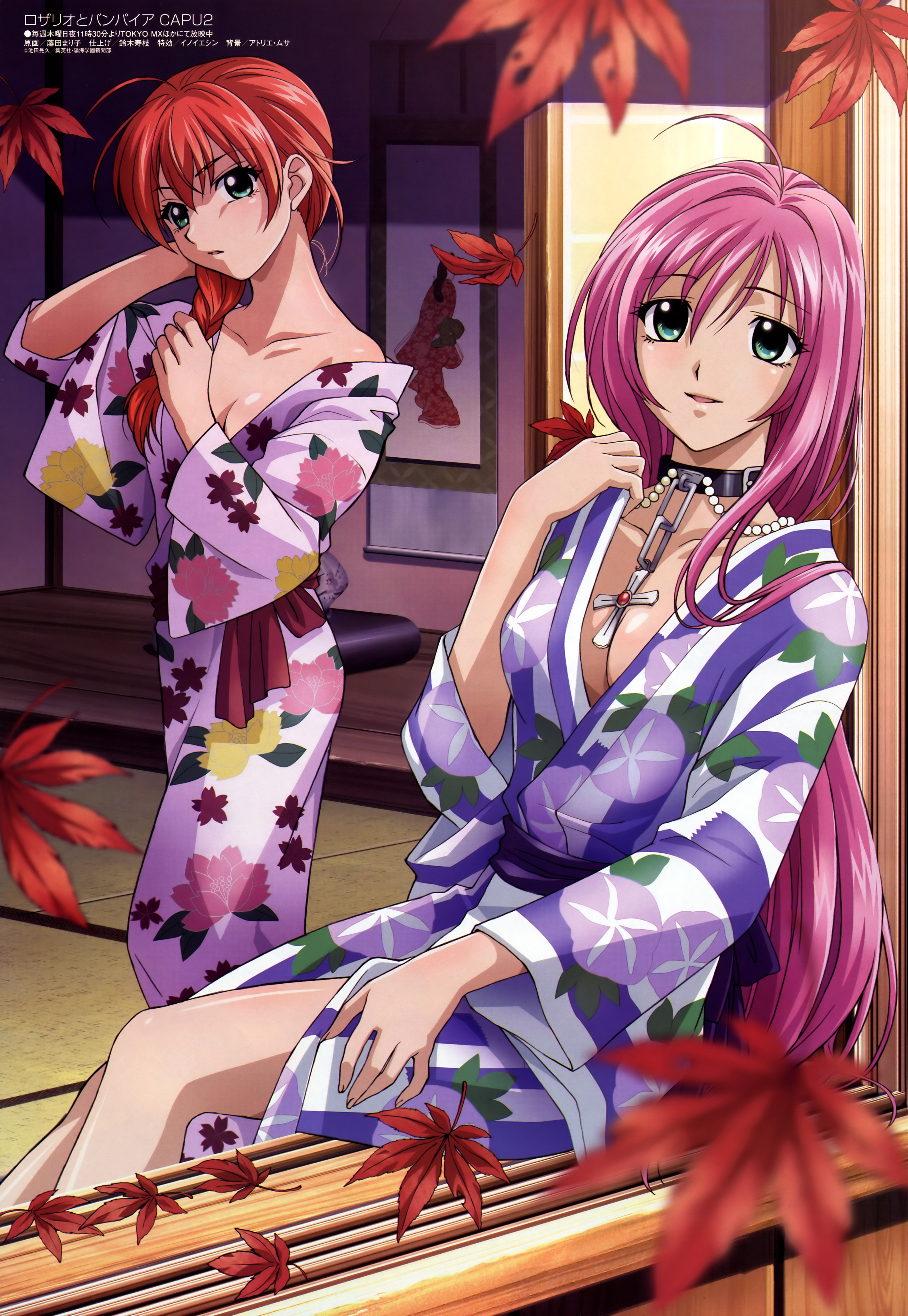 ishino satoshi, akashiya moka, shuzen kokoa, megami magazine, rosario+vampire, rosario+vampire capu2, hand on thigh, absurdres, highres, non-web source, official art, scan, 00s, 2girls, :d, adjusting hair, against wall, ahoge, alternate costume, alternate hairstyle, aqua eyes, autumn, autumn leaves, bare shoulders, beads, blurry, blush, braid, breasts, chain, cleavage, collar, cross, depth of field, floral print, green eyes, hair down, hair over shoulder, hand on own thigh, head tilt, indoors, japanese clothes, jewelry, kimono, large breasts, leaf, long hair, long sleeves, looking at viewer, multiple girls, necklace, off shoulder, open mouth, parted lips, pink hair, red hair, sash, single braid, sitting, smile, standing, tatami, very long hair, wide sleeves, wooden floor