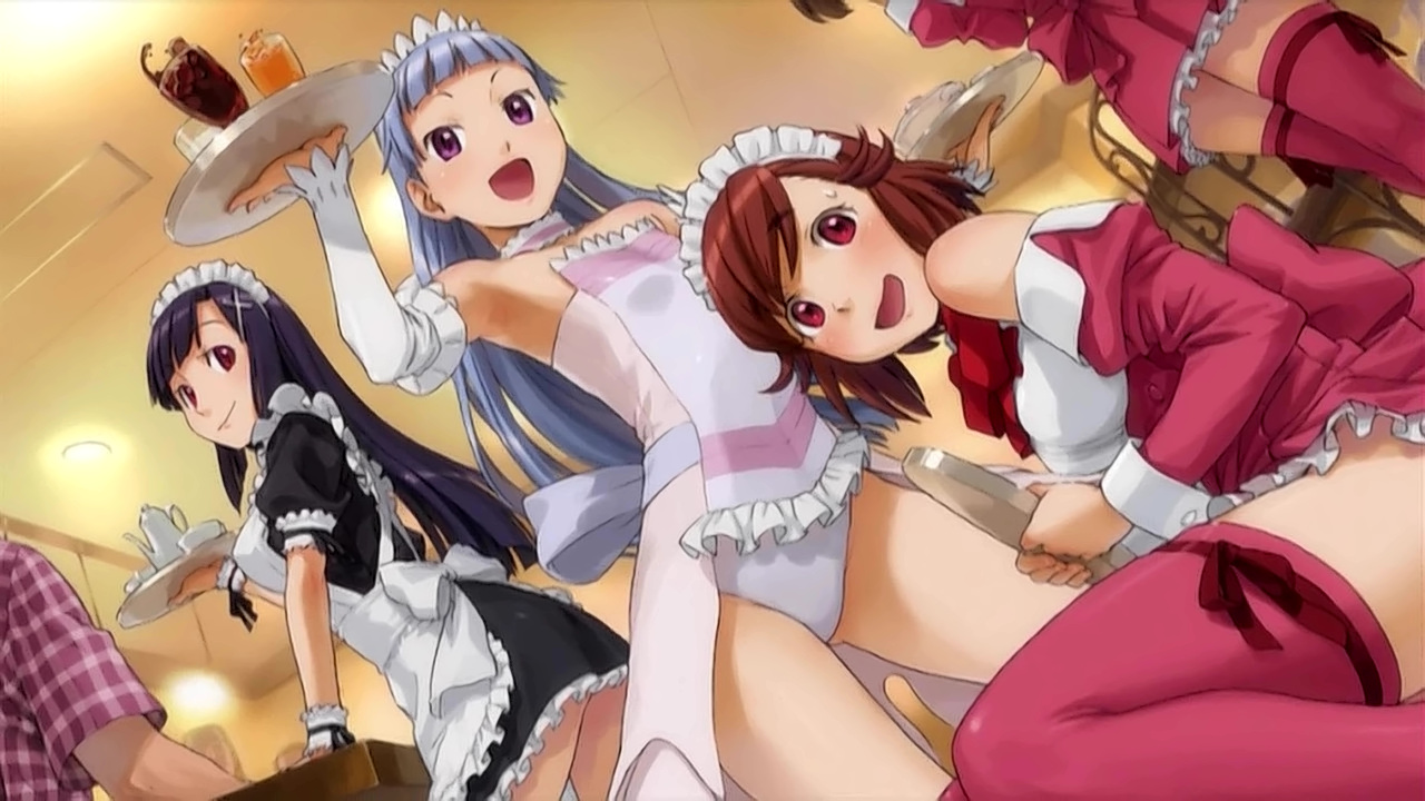 naruko hanaharu, aoba tsugumi, nagi, zange, kannagi, official art, 3girls, armpits, cosplay, enhanced, maid, multiple girls, siblings, sisters, thighhighs, tray, waitress