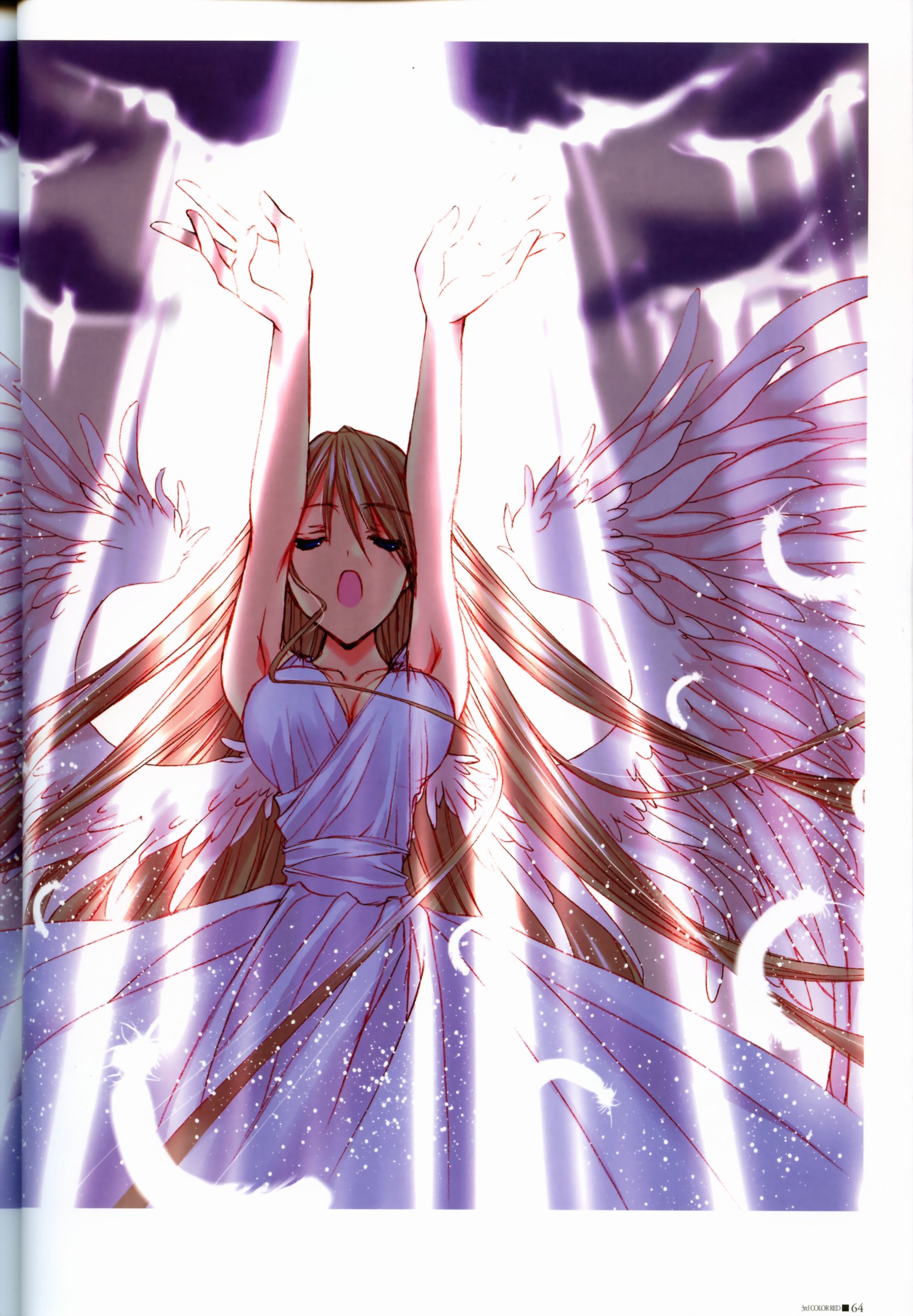 nanase aoi, aquarian age, absurdres, highres, 00s, angel wings, armpits, blonde hair, breasts, cleavage, dress, feathers, large breasts, long hair, solo, wings