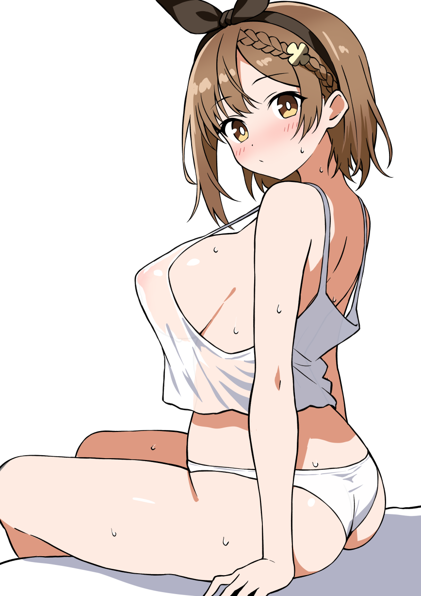 ecgg (tsuji418477), reisalin stout, atelier (series), atelier ryza, atelier ryza 1, highres, 1girl, ass, black hairband, blush, bow hairband, braid, breasts, brown eyes, brown hair, camisole, hair ornament, hairband, large breasts, panties, see-through clothes, see-through shirt, shirt, short hair, sideboob, simple background, single braid, sitting, solo, strap gap, sweat, thighs, underwear, white background, white camisole, white panties