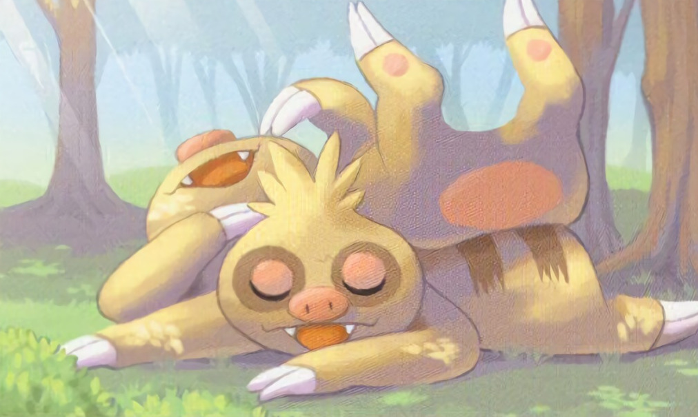 unno takao, slakoth, nintendo, pokemon, pokemon tcg, commentary, official art, third-party source, animal focus, closed eyes, fangs, feet up, gen 3 pokemon, grass, lying, no humans, nostrils, on back, on stomach, open mouth, outdoors, pokemon (creature), pokemon focus, smile, tree