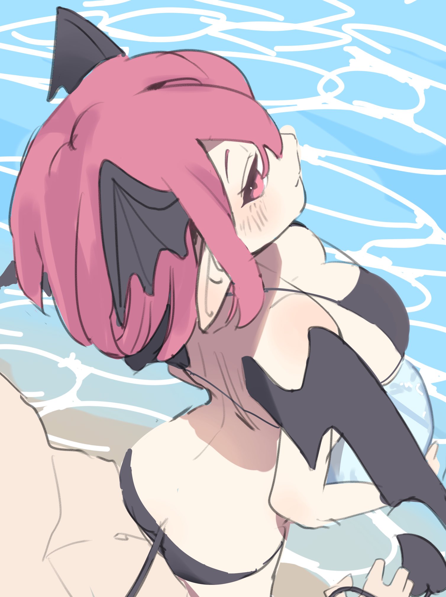 garasuno, koakuma, touhou, commentary request, highres, 1boy, 1girl, alternate costume, alternate hair length, alternate hairstyle, bikini, black bikini, black wings, blush, breasts, cleavage, closed mouth, cowboy shot, demon girl, demon tail, demon wings, grinding, head wings, hetero, large breasts, looking at viewer, looking back, ocean, pointy ears, red eyes, red hair, short hair, smile, smug, solo focus, swimsuit, tail, water, wings