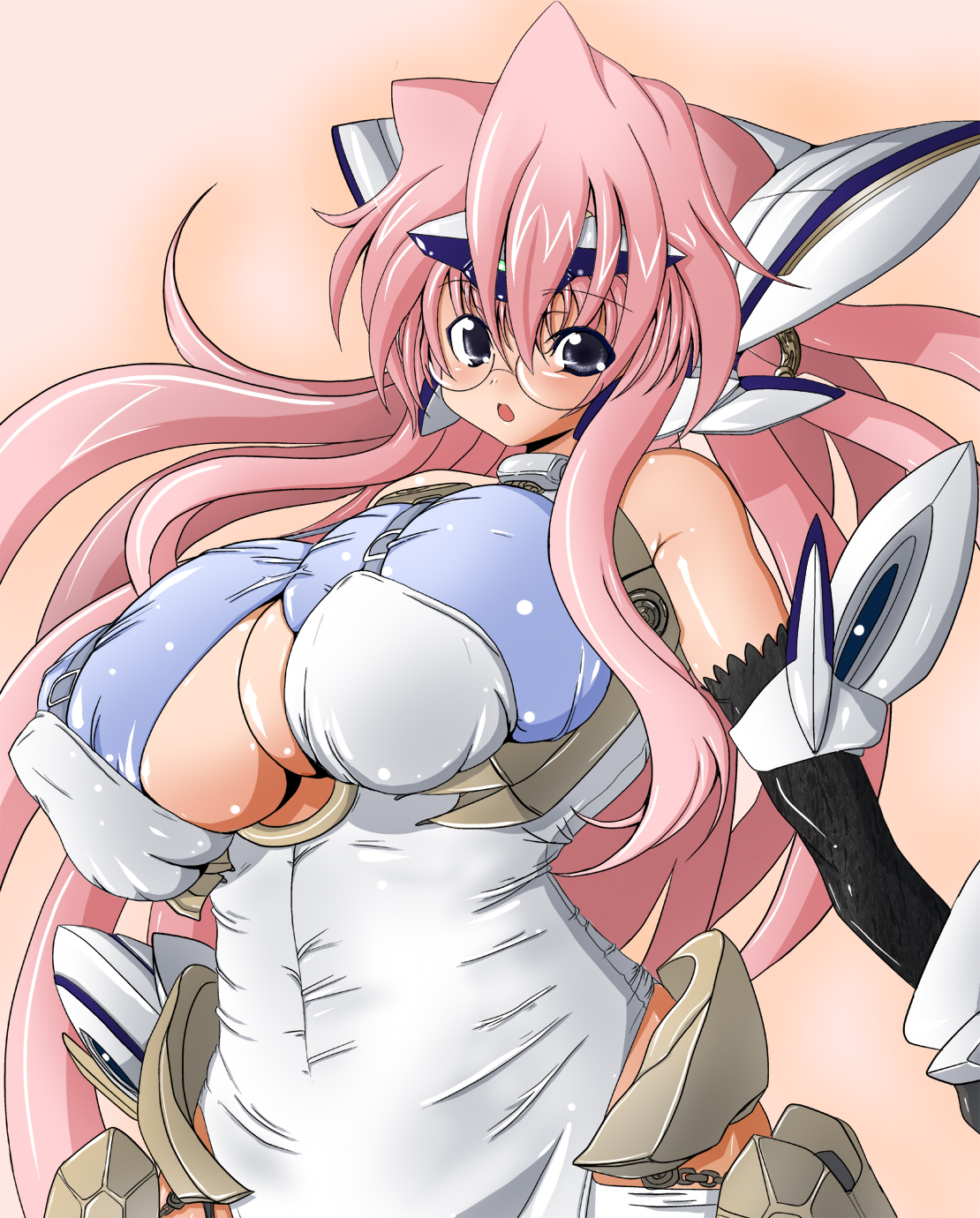 kinokoutarou, kos-mos, kos-mos ver. 4, takara miyuki, lucky star, xenosaga, xenosaga episode iii, bad id, bad pixiv id, highres, 1girl, breasts, cosplay, female focus, glasses, gradient background, huge breasts, kos-mos (cosplay), long hair, pink hair, solo
