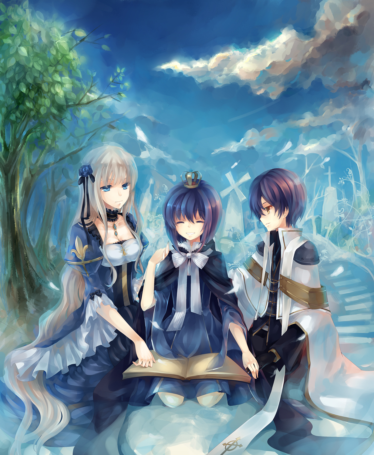 dhiea, dhiea seville (pause), mo seville (pause), pause (dhiea), bad id, bad pixiv id, highres, 1boy, 2girls, blue hair, book, brother and sister, cloud, crown, day, flower, grave, hair flower, hair ornament, holding hands, long hair, multiple girls, open book, outdoors, reading, short hair, siblings, sitting, smile, very long hair, white hair