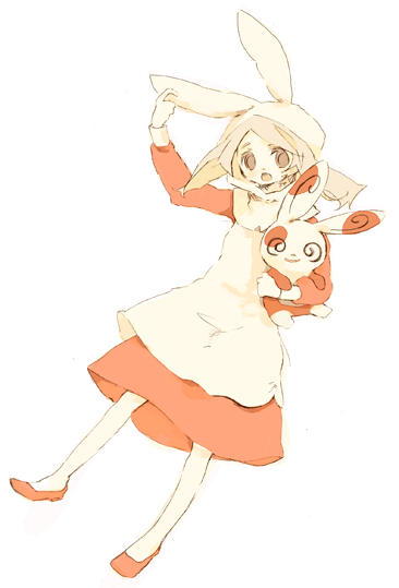 kan san, may (pokemon), spinda, nintendo, pokemon, pokemon rse, 00s, 1girl, alternate costume, animal ears, brown eyes, brown hair, dress, gen 3 pokemon, holding, pokemon (creature), rabbit ears, short hair, simple background, white background