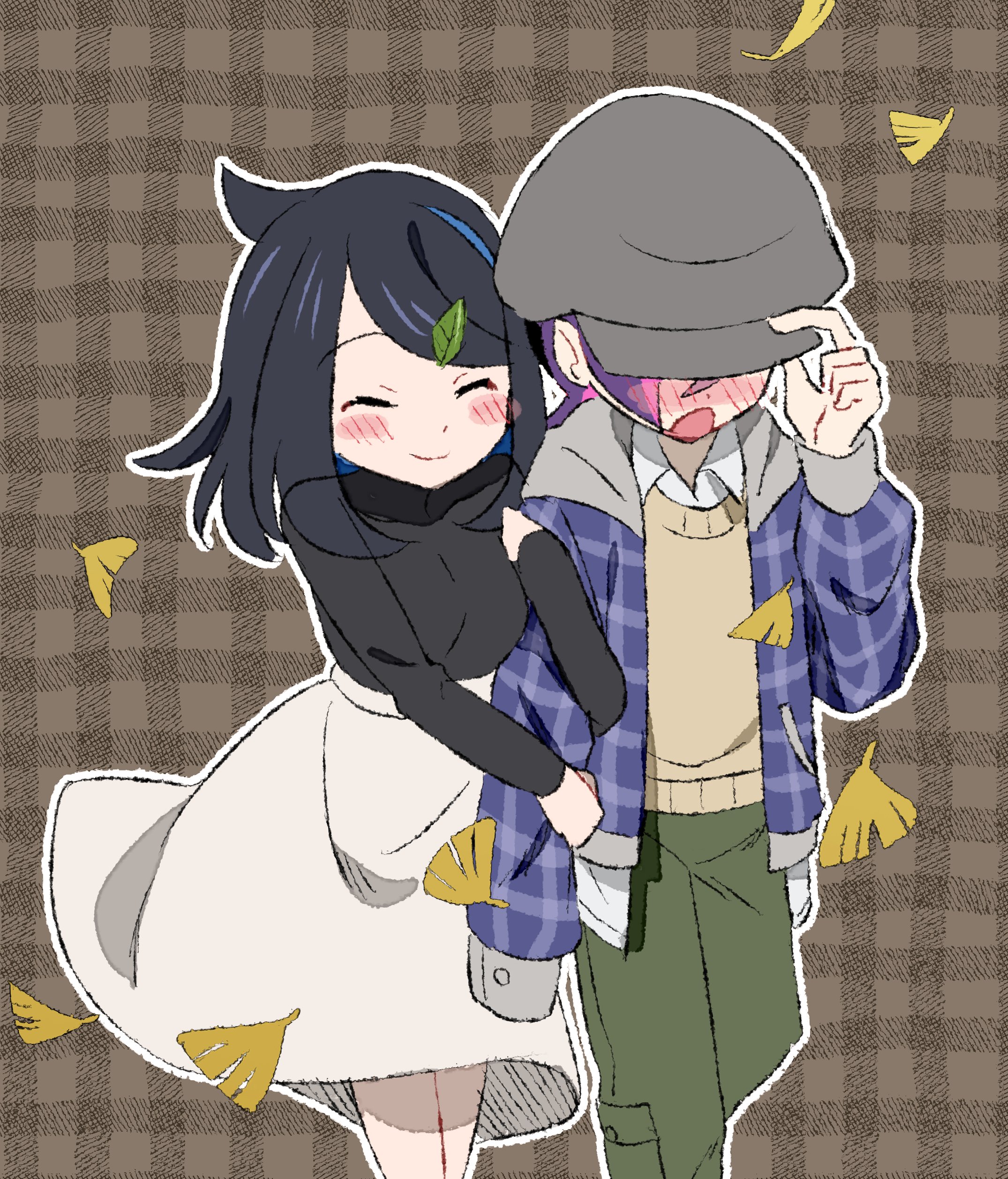 plus ta, dot (pokemon), liko (pokemon), nintendo, pokemon, pokemon (anime), pokemon horizons, absurdres, highres, 2girls, black hair, blue hair, blush, closed mouth, cowlick, hat, holding, holding another's arm, jacket, long sleeves, multicolored hair, multiple girls, open clothes, open mouth, pants, pink hair, purple hair, shirt, skirt, smile, sweater, two-tone hair