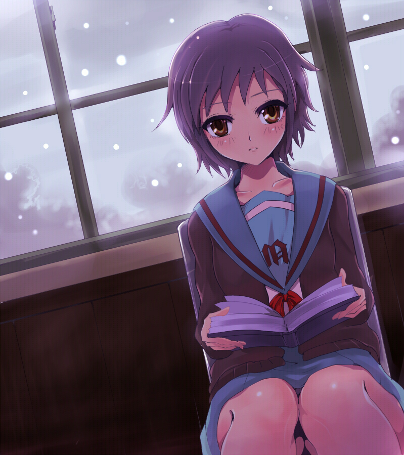 kasai shin, nagato yuki, suzumiya haruhi no yuuutsu, 00s, book, brown eyes, cardigan, open book, purple hair, reading, school uniform, serafuku, short hair, sitting, snow, solo, window