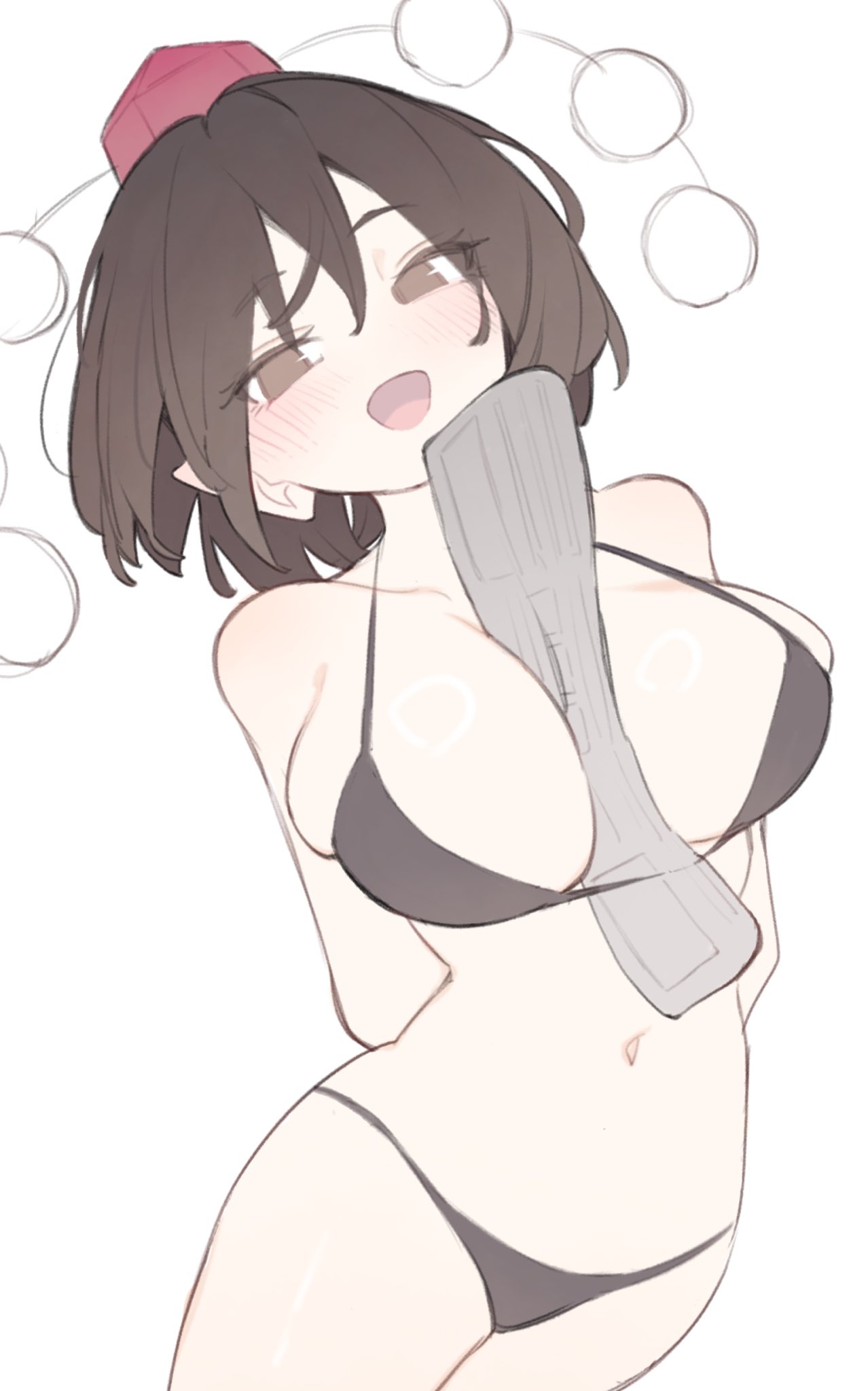 garasuno, shameimaru aya, touhou, commentary request, highres, 1girl, alternate costume, arms behind back, between breasts, bikini, black bikini, blush, breasts, brown eyes, brown hair, cowboy shot, hat, looking at viewer, open mouth, pom pom (clothes), red eyes, red hat, rolled up newspaper, short hair, simple background, smile, solo, swimsuit, tokin hat, white background
