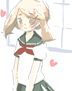 kan san, may (pokemon), nintendo, pokemon, lowres, 1girl, brown eyes, brown hair, female focus, school uniform, serafuku, short hair, solo, window