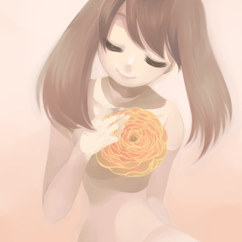 may (pokemon), nintendo, pokemon, lowres, 1girl, alternate costume, brown hair, closed eyes, female focus, flower, gradient background, nude, short hair, solo