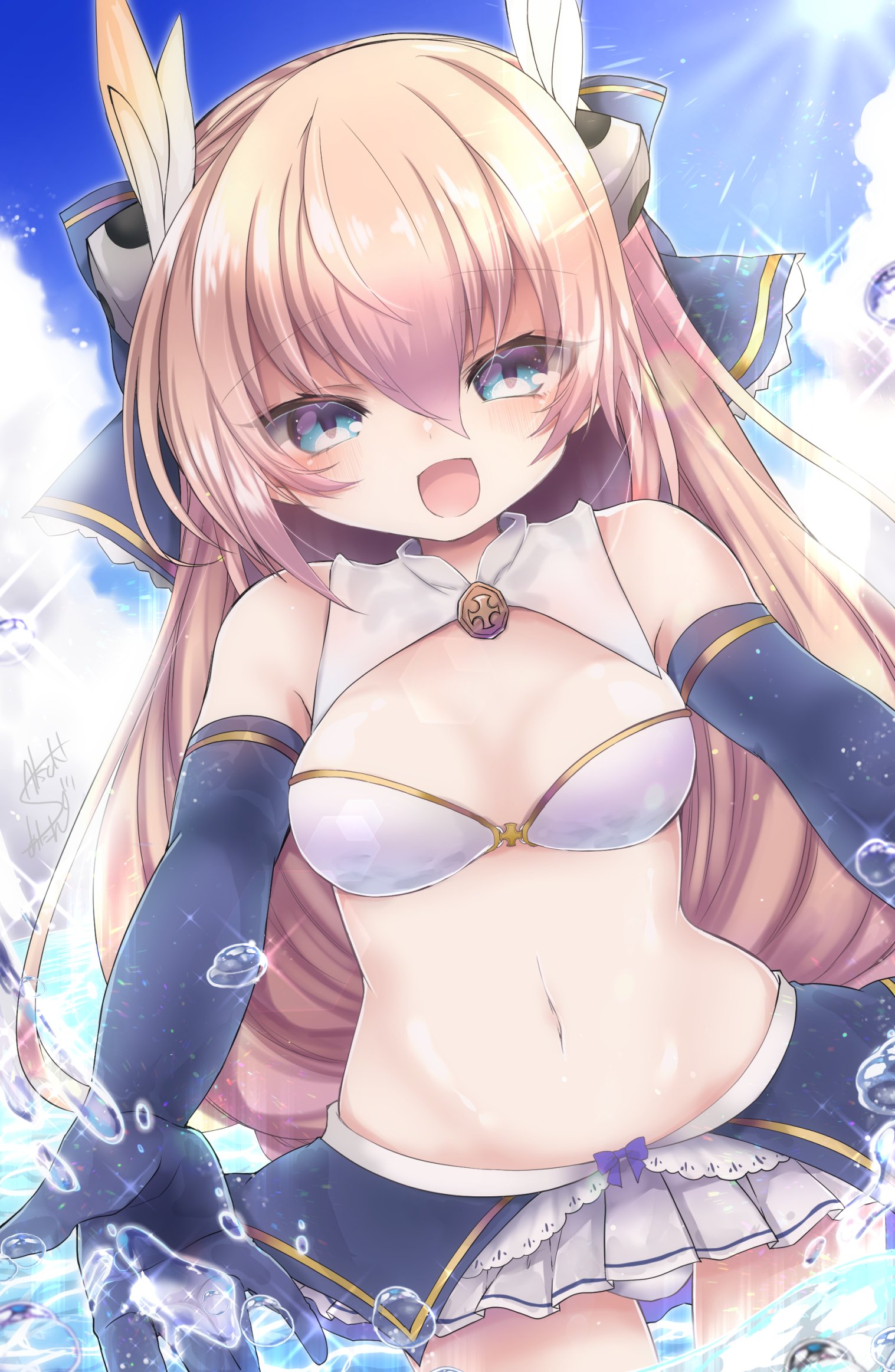 satsuki atan, valkyrie (eco), emil chronicle online, highres, artist name, bikini, bikini skirt, blonde hair, blue eyes, blue gloves, blue ribbon, blue skirt, blue sky, breasts, collar, elbow gloves, gloves, hair ornament, hair ribbon, long hair, looking at viewer, medium breasts, navel, ocean, open mouth, pleated skirt, ribbon, signature, skirt, sky, splashing, swimsuit, white bikini, white collar, white skirt