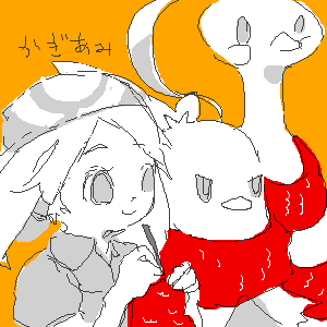 kan san, altaria, combusken, may (pokemon), nintendo, pokemon, pokemon rse, lowres, 00s, 1girl, bandana, gen 3 pokemon, knitting needle, monochrome, needle, oekaki, orange background, pokemon (creature), scarf, short hair, spot color