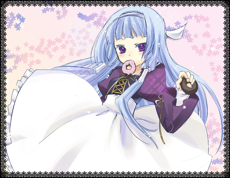 yukian, nagi, kannagi, bad id, bad pixiv id, 00s, blue hair, blunt bangs, food, hairband, long hair, mouth hold, purple eyes, solo