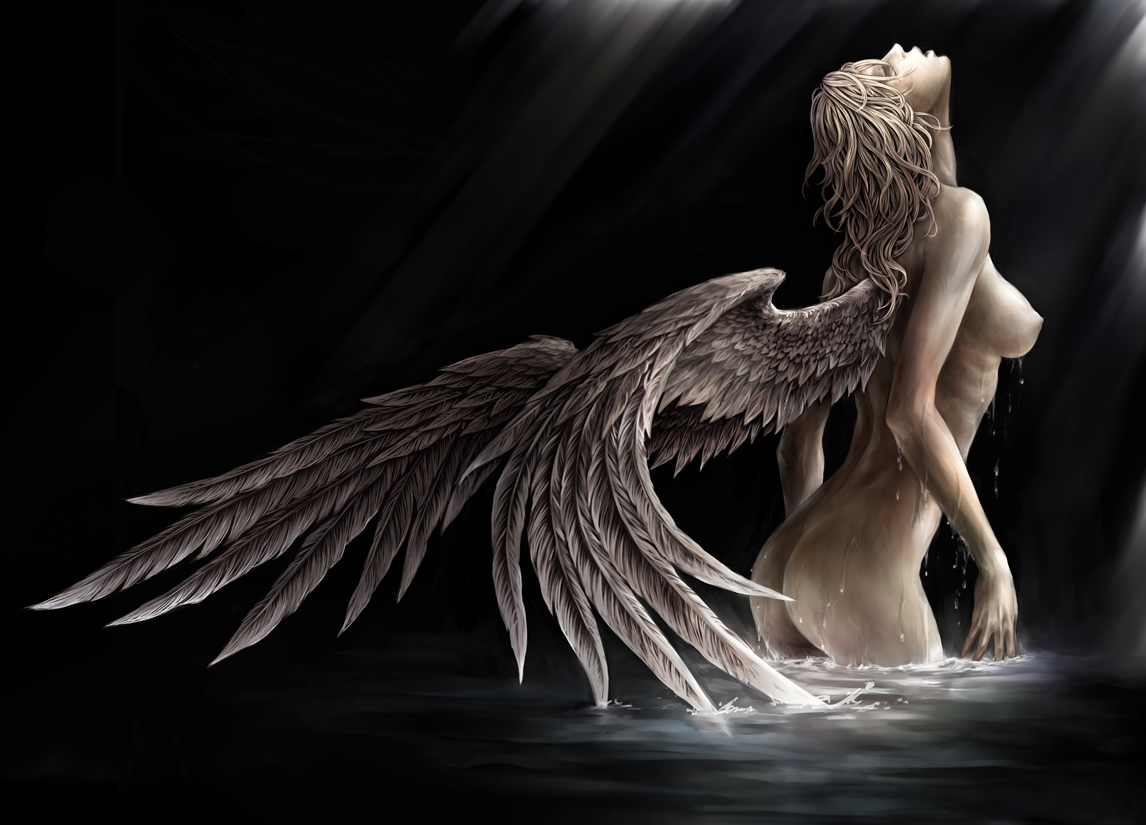 nabe (crow's head), original, light, 1girl, angel, black background, blonde hair, cowboy shot, female focus, from side, half-closed eyes, long hair, looking up, nipples, nude, solo, wading, water, wet, wings
