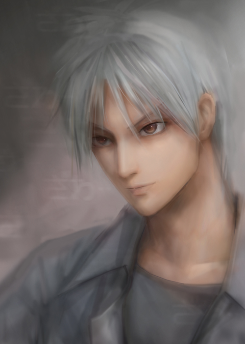 miche, akagi shigeru, akagi, akagi: yami ni oritatta tensai, fukumoto mahjong, silver hair, bad id, bad pixiv id, 1boy, brown eyes, male focus, realistic, short hair, solo