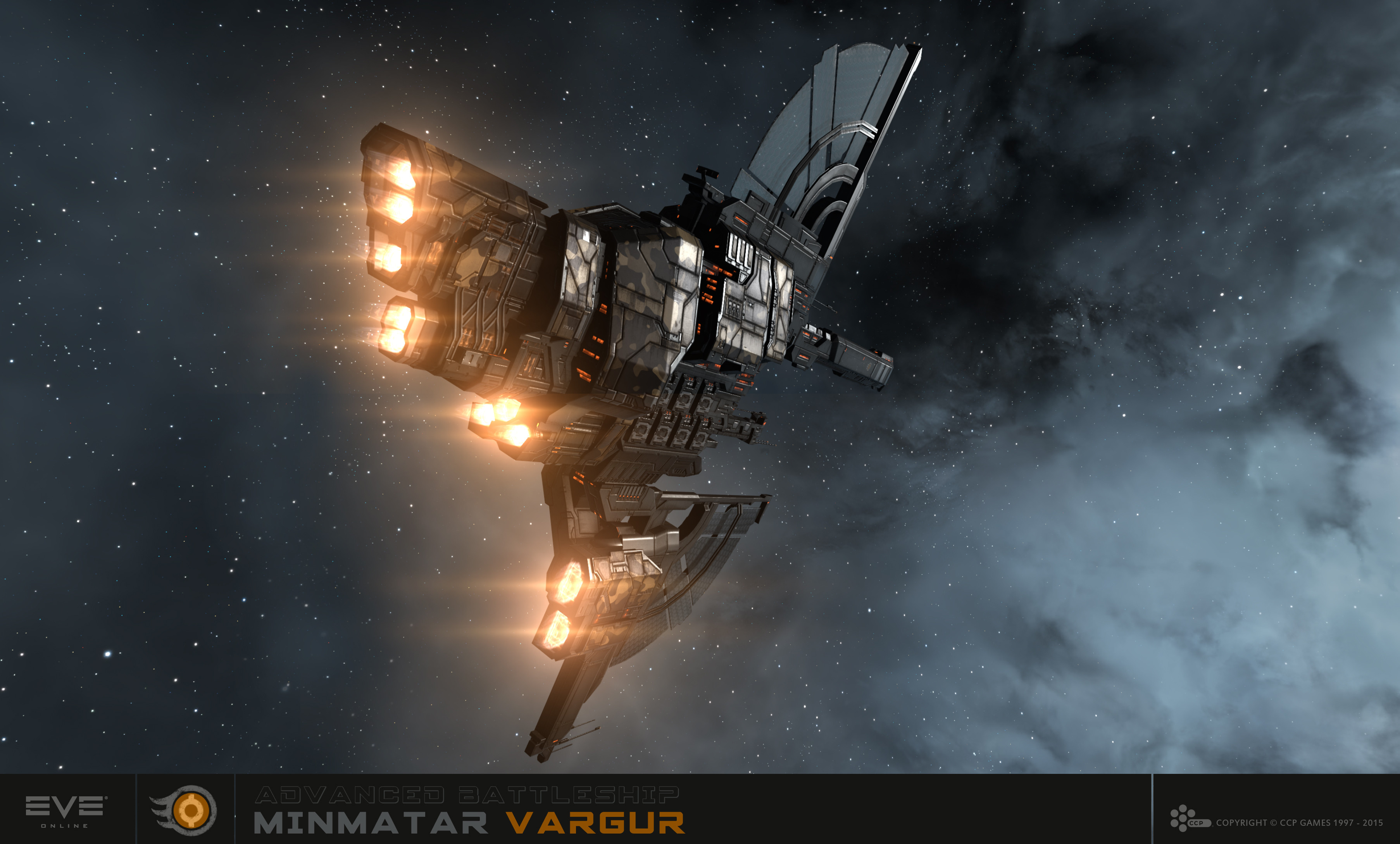 eve online, absurdres, commentary, english commentary, highres, maya (medium), official art, 3d, advanced ship (eve online), battleship (eve online), boundless creation (eve online), camouflage, cloud, combat ship (eve online), company logo, company name, copyright logo, copyright name, dated, fire, flying, glowing, grey background, logo, marauder (eve online), military vehicle, no humans, outdoors, pointing out the details, radar, radio antenna, realistic, science fiction, solar panel, space, spacecraft, star (sky), starry sky background, tempest (eve online), thrusters, vargur (eve online), vehicle focus, vehicle name, ymir jonsson