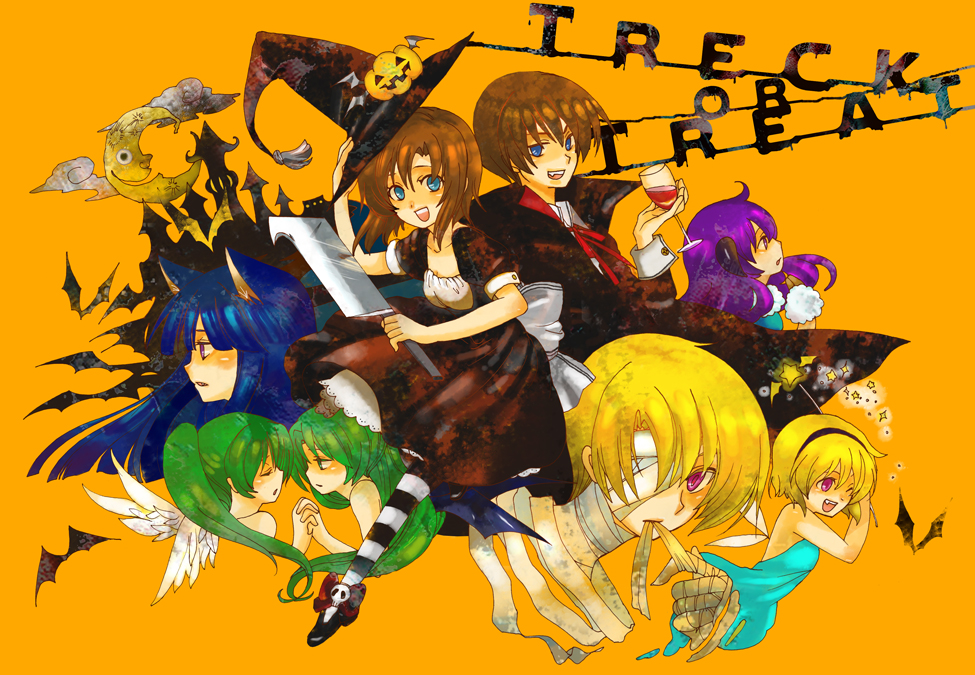 furude rika, hanyuu, houjou satoko, houjou satoshi, maebara keiichi, ryuuguu rena, sonozaki mion, sonozaki shion, higurashi no naku koro ni, 00s, 2boys, 6+girls, alcohol, angel, angel and devil, angel wings, animal ears, bandages, bat (animal), bat wings, billhook, blonde hair, blue eyes, blue hair, brown hair, castle, cat ears, coat, crescent moon, cup, cupping glass, demon, dress, drinking glass, english text, engrish text, fairy, glass, green eyes, green hair, halloween, hat, hatchet, horns, jack-o'-lantern, long hair, moon, multiple boys, multiple girls, nata (tool), orange background, pink eyes, ponytail, purple eyes, purple hair, ranguage, short hair, siblings, simple background, sisters, trick or treat, twins, typo, wand, wine, wine glass, wings, witch hat