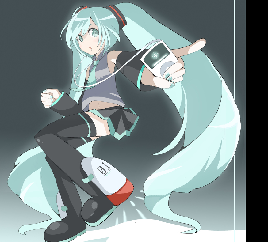 tansuke, hatsune miku, vocaloid, aqua eyes, aqua hair, detached sleeves, digital media player, earphones, ipod, ipod nano, ipod nano 3g, long hair, navel, necktie, pointing, skirt, solo, thighhighs, twintails, very long hair