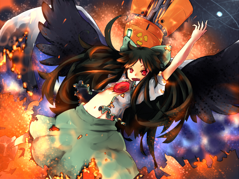murani, reiuji utsuho, touhou, 1girl, arms up, brown hair, female focus, fire, long hair, navel, open clothes, open shirt, red eyes, ribbon, shirt, skirt, solo, very long hair, wings