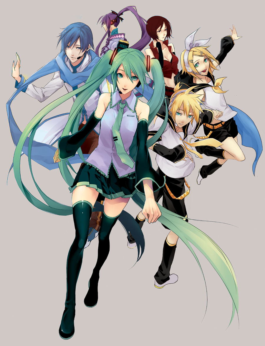 izumi (nagashi), hatsune miku, kagamine len, kagamine rin, kaito (vocaloid), kamui gakupo, meiko (vocaloid), vocaloid, bad id, bad pixiv id, 2boys, 4girls, :d, belt, black hair, black socks, black thighhighs, blonde hair, blue eyes, blue hair, blue scarf, boots, breasts, brother and sister, brown eyes, brown hair, cleavage, crop top, detached sleeves, everyone, green eyes, green hair, hair ornament, hair ribbon, hairclip, headset, holding hands, kneehighs, legs, long hair, looking back, loose socks, medium breasts, midriff, multiple boys, multiple girls, necktie, open mouth, pleated skirt, ponytail, purple hair, red eyes, ribbon, scarf, short hair, shorts, siblings, simple background, skirt, sleeveless, smile, socks, spiked hair, standing, thigh boots, thighhighs, twins, twintails, very long hair, walking, zettai ryouiki